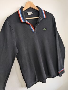 Lacoste ! Red Retro Polo Longsleeve Collar Shirt Black Red White Blue Stripes